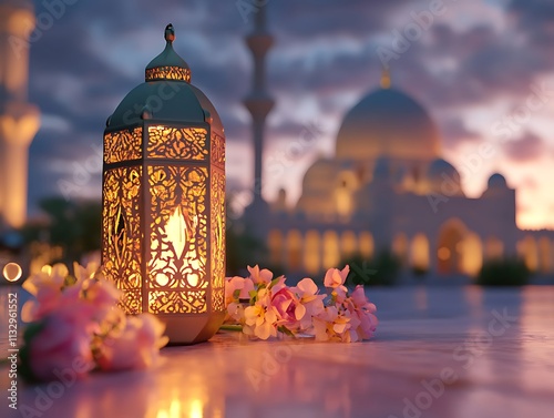 Glowing lantern at dusk, illuminating a charming street scene. A beautiful, ornate lantern, lit with a warm, golden light, is the focal point of this image. photo