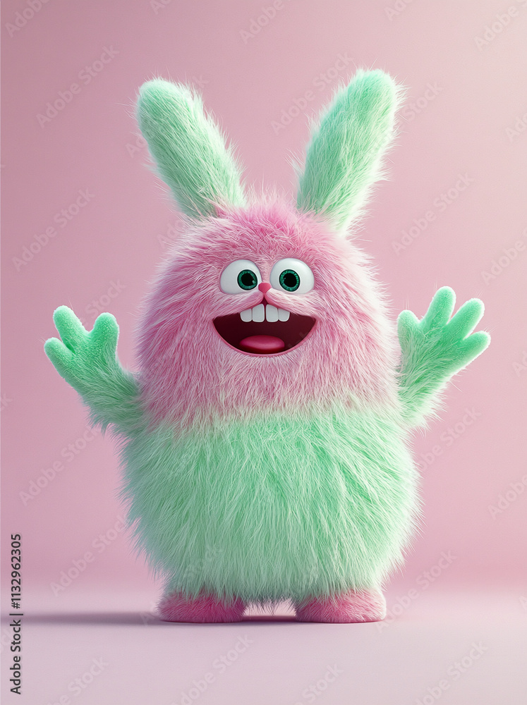 Obraz premium Cute fluffy character with bunny ears and a vibrant pink and green color scheme stands cheerfully against a pastel background
