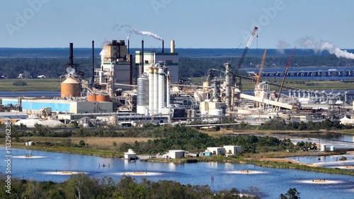 Industrial factory pollution beside preserved wetland salt water marsh in Brunswick Georgia  photo