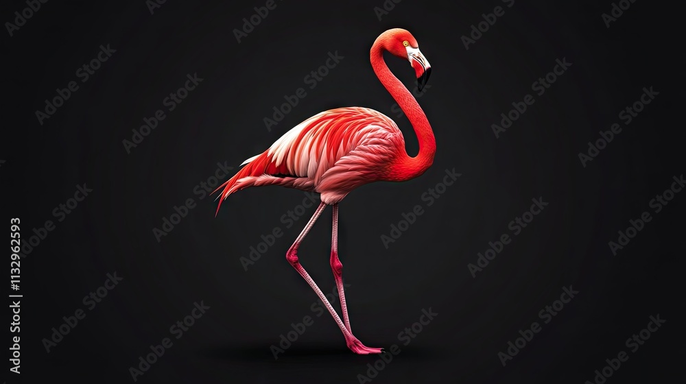 Obraz premium A flamingo standing on one leg, its iconic pose highlighted against a sleek black backdrop.