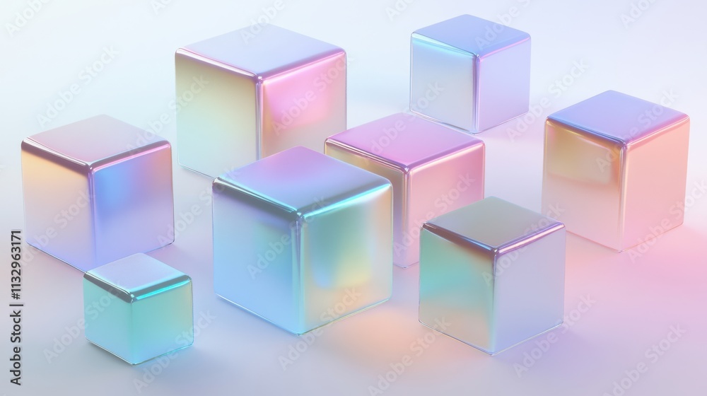 Fototapeta premium Holographic Cubes Abstract Pastel Rainbow Geometric Shapes 3D Render