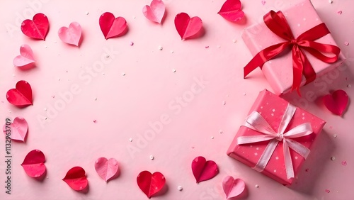 a pink background with red and white hearts on it.