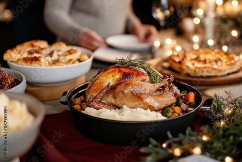 A beautifully arranged holiday feast featuring a roast turkey surrounded by an assortment of sides, emphasizing the warmth and joy of communal celebrations. photo