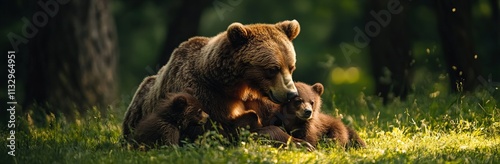 Wallpaper Mural Brown bear with cubs in a grassy meadow. AI generated illustration. Torontodigital.ca