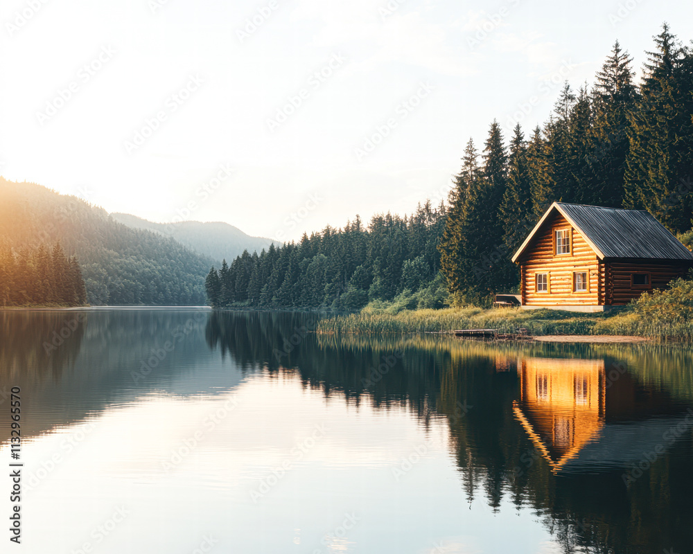 Fototapeta premium A cabin is on the shore of a lake, with trees in the background