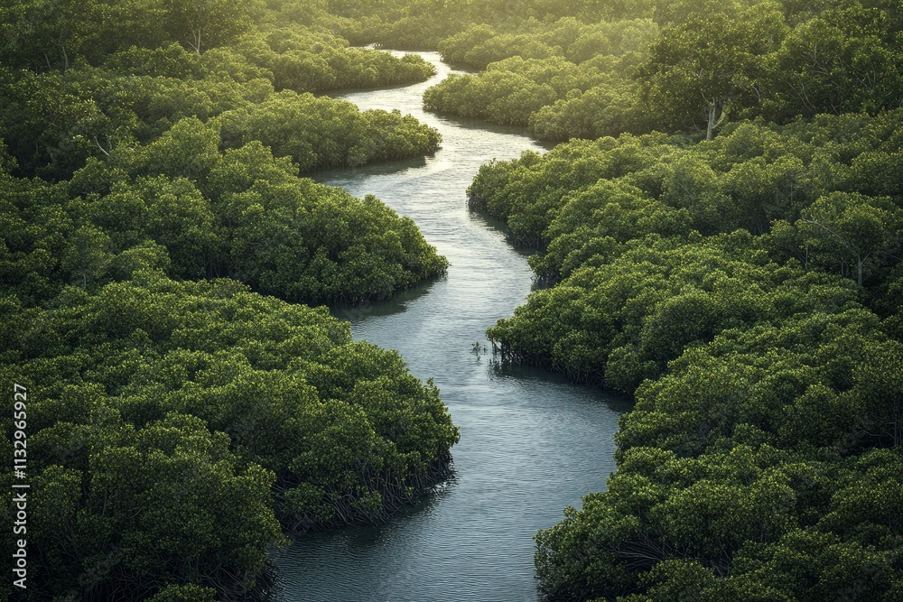 Dense mangrove forest with a network of winding waterways, focus on ecological richness and coastal conservation, realistic and detailed photography Dense mangrove forest with a network of winding waterways, focus on ecological richness and coastal conservation, realistic and detailed photography