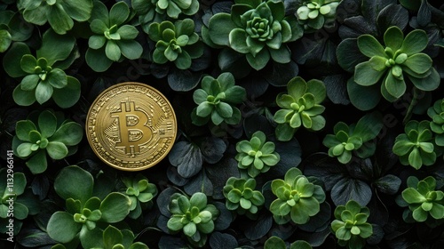 A golden dollar coin surrounded by small green plants, representing growth and prosperity. photo