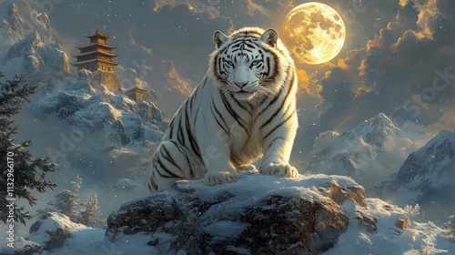 Majestic white tiger perched on snowy mountain peak under a full moon. photo