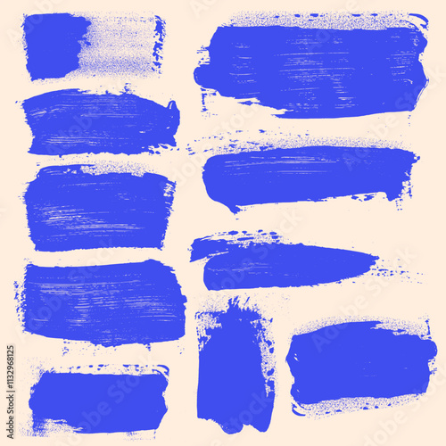 Blue set of paint bold brush strokes, hand drawn thick grunge lines, rectangle shapes. Blue vector ink brush strokes and banners. Grainy blue bold brush stroke with spray texture. Vector grunge.