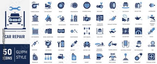 Car Repair Icon set. Containing Auto service, car repair, car service, maintenance and garage icon. Vector Illustration
