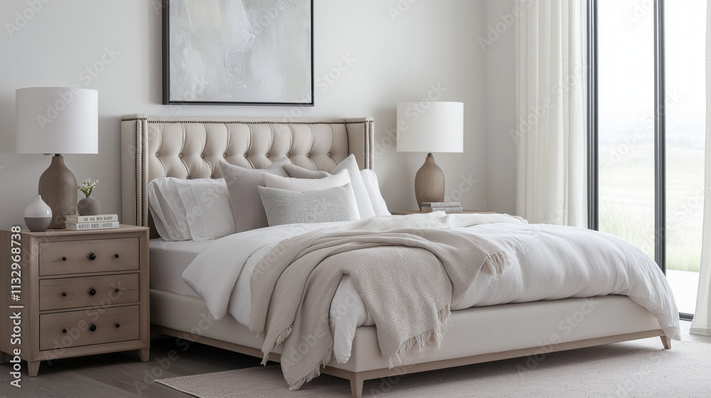 Fototapeta premium Decluttered bedroom with a platform bed, neutral upholstered headboard, white linens, and hidden-drawer bedside tables. Soft gray wood floor, abstract art, and warm lighting. High resolution.