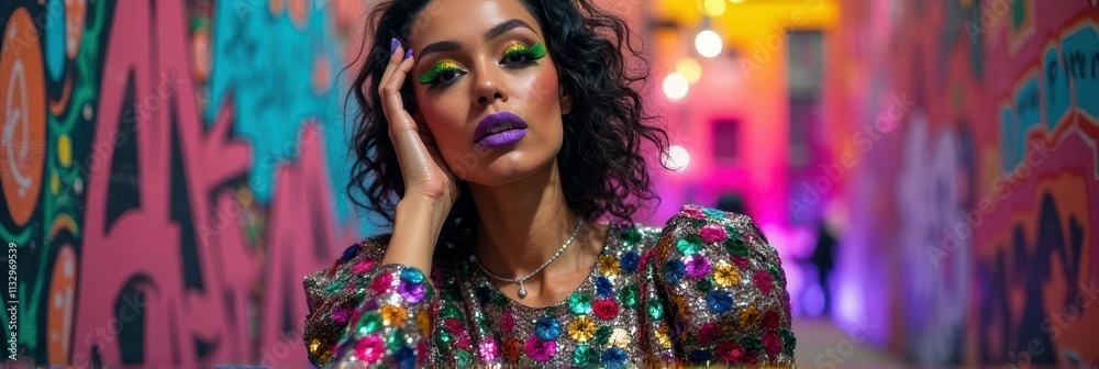 Fototapeta premium Hispanic young female with colorful makeup in urban graffiti alley at night