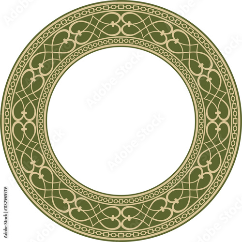 Vector golden with green round classic renaissance ornament. Circle, ring, european border, revival style fram