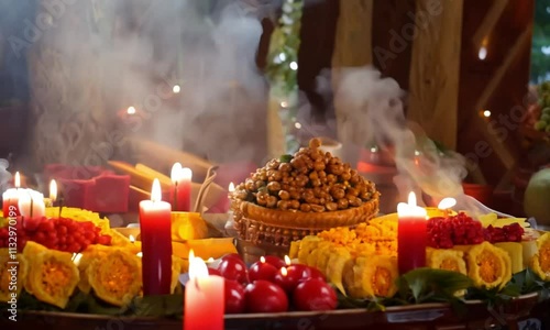 Chinese New Year offering table with glowing red candles, incense, and cultural festive elements. photo