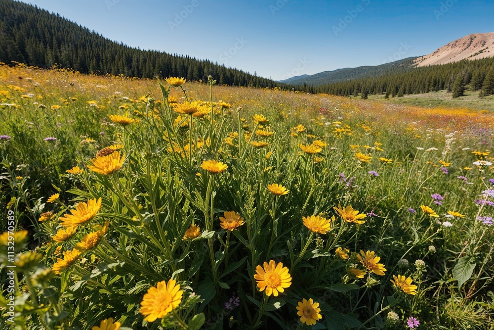 Fototapeta premium Vibrant Closeup Panorama of a Sunlit Wildflower Meadow in Nature