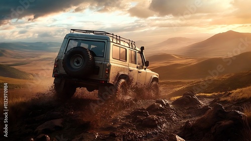 An adventurous 4x4 vehicle conquers a steep muddy hill.  photo