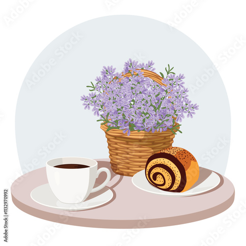 Hand drawn still life illustration of coffee and a poppy bun