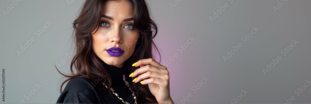Fototapeta premium Young caucasian female with vibrant purple lipstick and stylish nails posing
