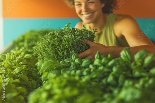 woman smiling as she picks up bundle of fresh locally sourced herbs from colorful display at outdoor market photo