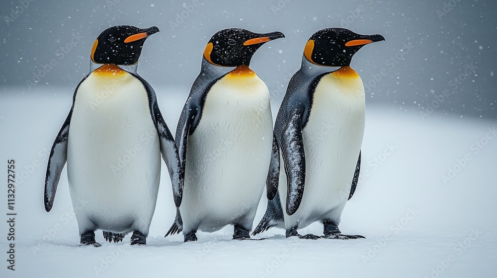 Fototapeta premium Three Majestic Emperor Penguins Standing in the Snowy Wilderness Amidst Falling Snowflakes, Capturing the Beauty of Antarctic Wildlife in their Natural Habitat