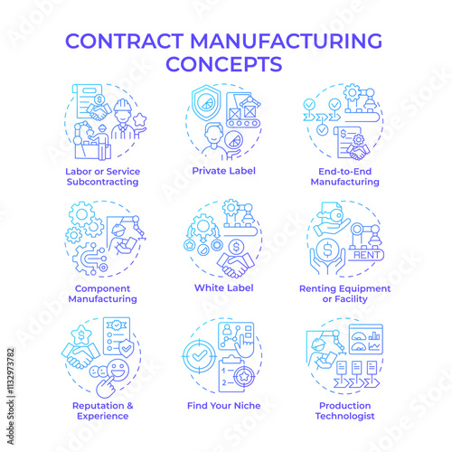 Contract manufacturing blue gradient concept icons. Outsourced production. Equipment rental. Private labeling, white labeling. Icon pack. Vector images. Round shape illustrations. Abstract idea