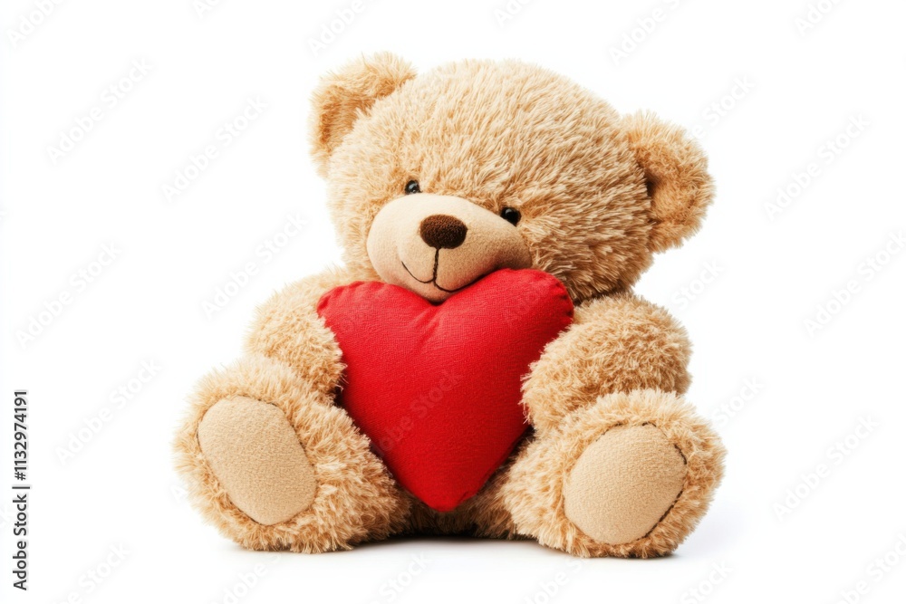 Obraz premium A playful teddy bear with soft fur sits comfortably, holding a bright red heart close. It's a charming symbol of love, perfect for Valentine's Day celebrations filled with joy and affection