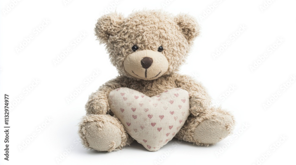 Obraz premium A sweet teddy bear sits proudly, holding a heart-shaped cushion. Adorned in soft fur and a delicate ribbon, this charming companion exudes warmth and affection, perfect for Valentine's Day