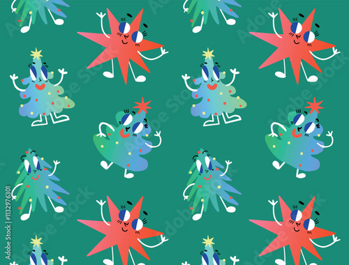 bstract Hand-Drawn Christmas Characters Dancing. Colorful Holiday Ornaments with Stars and Trees. Festive Pattern for Wrapping Paper, Textile, Poster. Vector Flat Illustration.