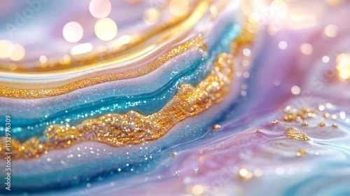 A close-up of shimmering abstract waves in layers of gold, blue, and purple glitter. A vibrant and artistic textured display of sparkle and shine photo