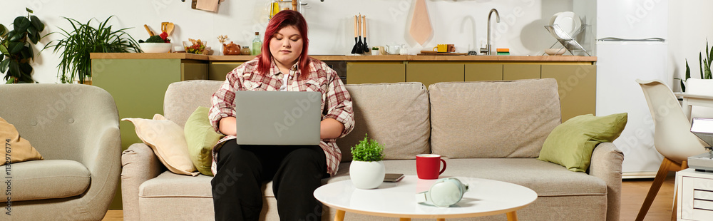 Fototapeta premium Young plus size woman sits comfortably on a sofa typing on her laptop in a modern kitchen.