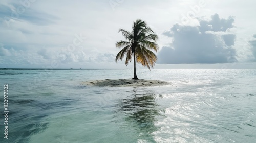 A small island disappearing under rising ocean levels, with a single palm tree barely visible. photo