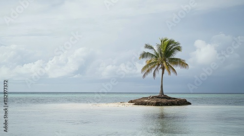 A small island disappearing under rising ocean levels, with a single palm tree barely visible. photo