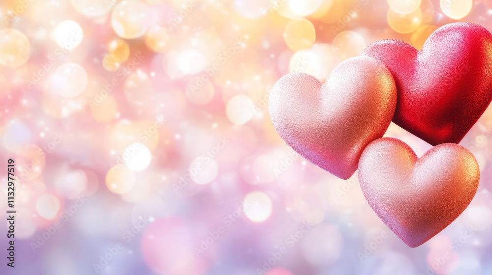 Fototapeta premium Three Colorful Hearts on a Soft Bokeh Background for Romantic and Valentine’s Day Themes