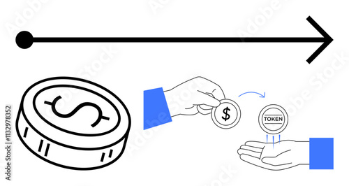 Hand holding a coin with dollar sign, another hand accepting a token, horizontal arrow indicating transaction flow. Ideal for finance, cryptocurrency, trading, digital payments, blockchain