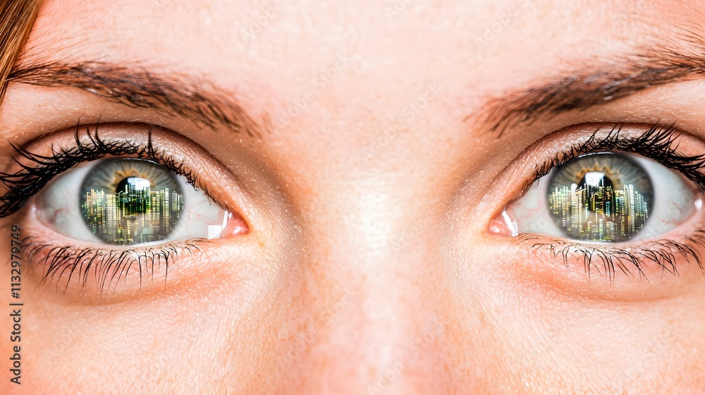 Obraz premium close-up of a woman’s eyes, reflecting a high-tech cityscape in her pupils, suggesting the deep integration of technology and human experience in an urban environment. [Women]:[tech] 