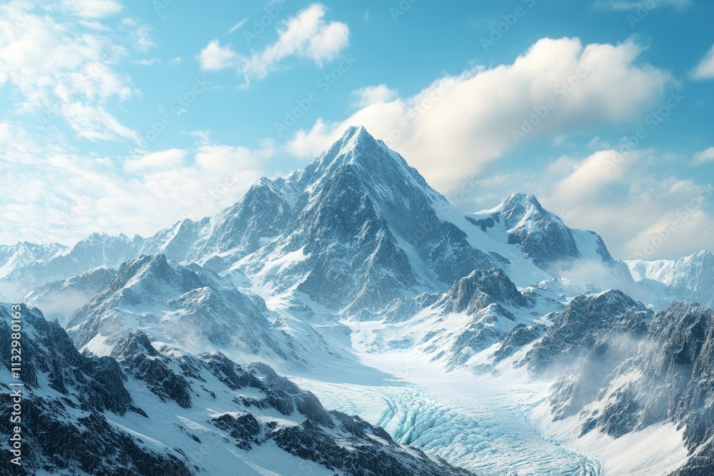 Obraz premium Snow-capped mountain peaks with a clear sky and a glacier below, emphasizing the majesty of pristine environments, ultra-realistic landscape shot