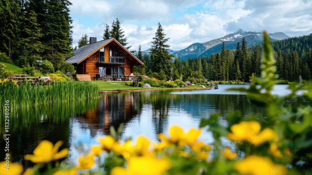 Fototapeta premium Tranquil Lakeside Cabin Surrounded by Lush Green Forest and Flowers