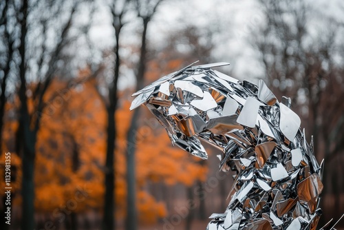 Dynamic metallic sculpture representing unbreakable strength amidst autumn trees outdoor art display nature setting artistic perspective
