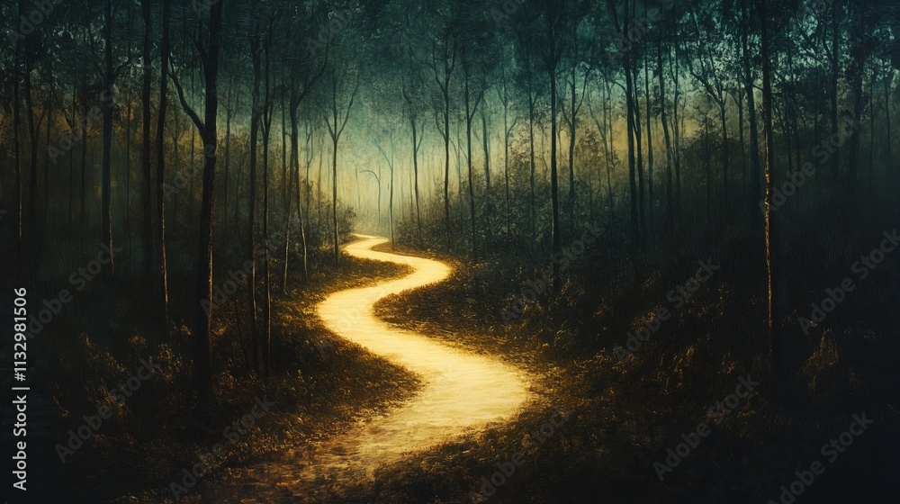 Obraz premium Goldener Lichtpfad durch dunklen Wald