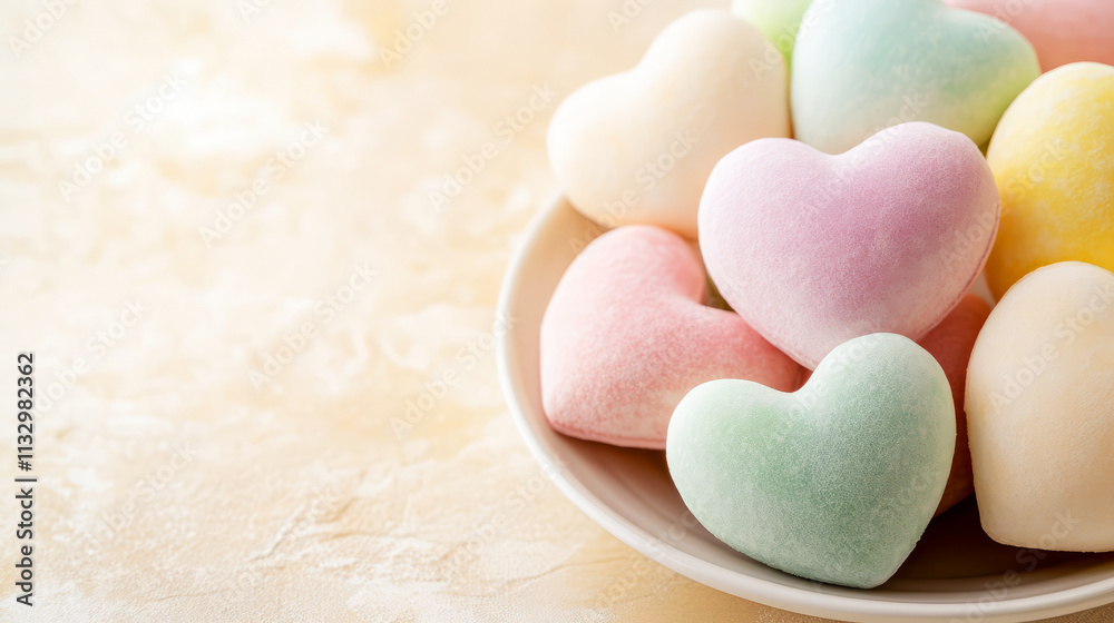 Obraz premium Colorful Heart-Shaped Desserts on a Plate with Soft Pastel Colors and Textured Background