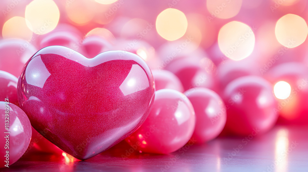 Obraz premium Shiny Heart Shape Surrounded by Pink Balls on a Soft Background for Romantic Themes