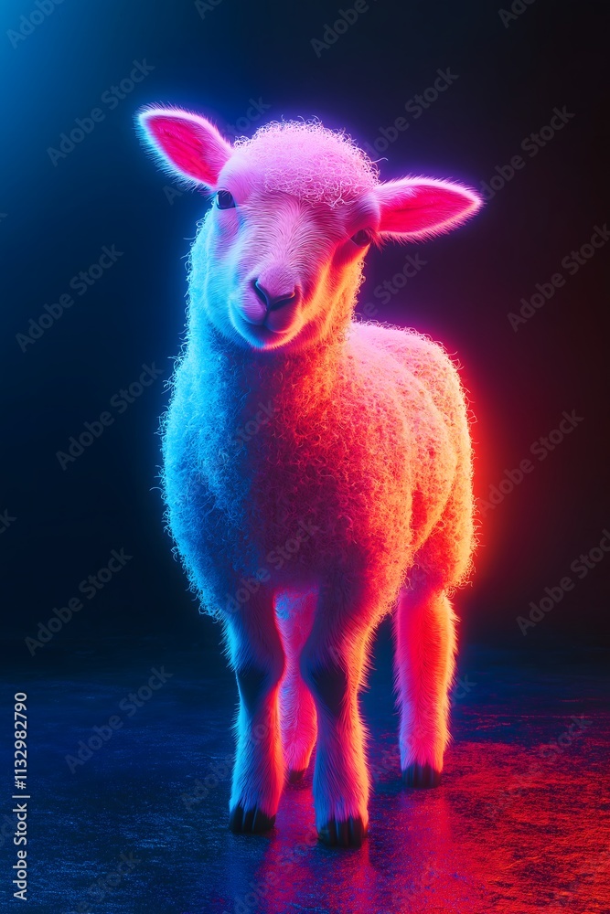 White sheep standing and looking in the camera on a black background illuminated with neon lights. Cute and trendy concept.