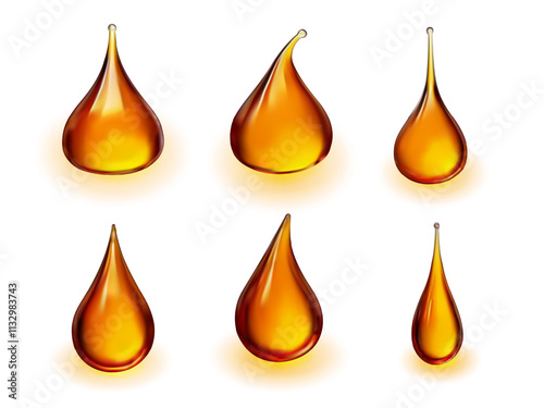 Yellow liquid drop vector set for honey, cosmetic, oil, serum, lubricant, juice and other product