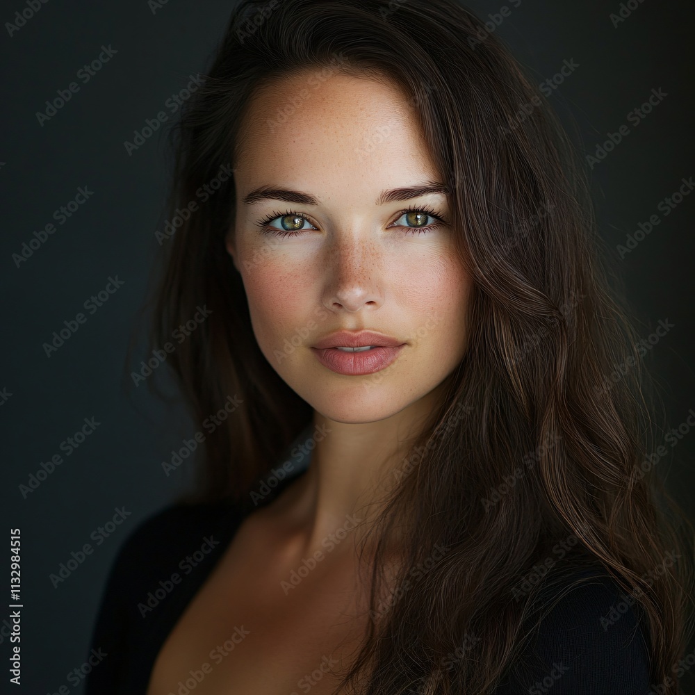 Obraz premium Beautiful Woman Portrait Long Brown Hair Green Eyes Freckles Skincare