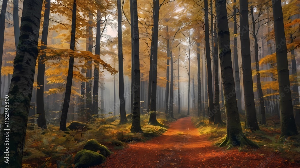 Obraz premium Autumn forest. Forest pathway through the autumn forest. Sunny forest autumn landscape in sunny day