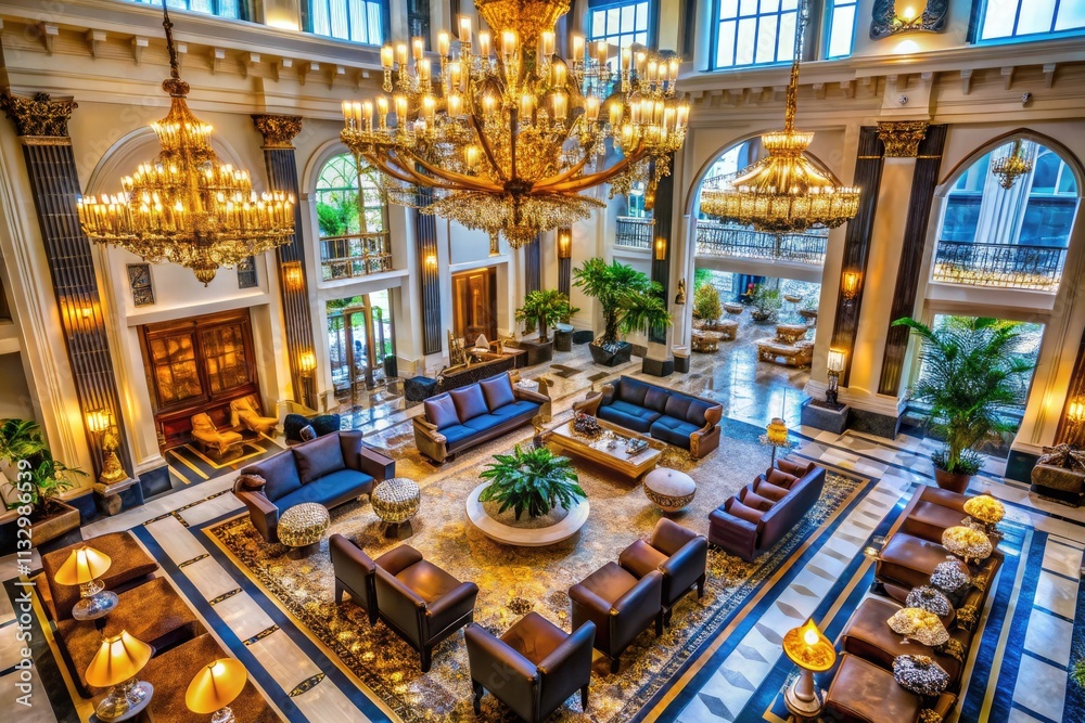 Obraz premium Aerial drone footage showcases a luxury hotel's grand lobby, highlighting its opulent design and stunning entrance.