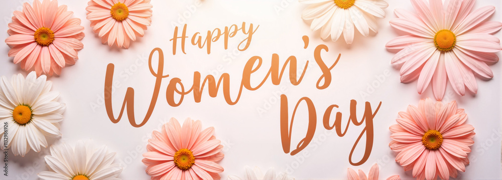 Obraz premium Happy Women's Day banner with daisies and glowing peach text