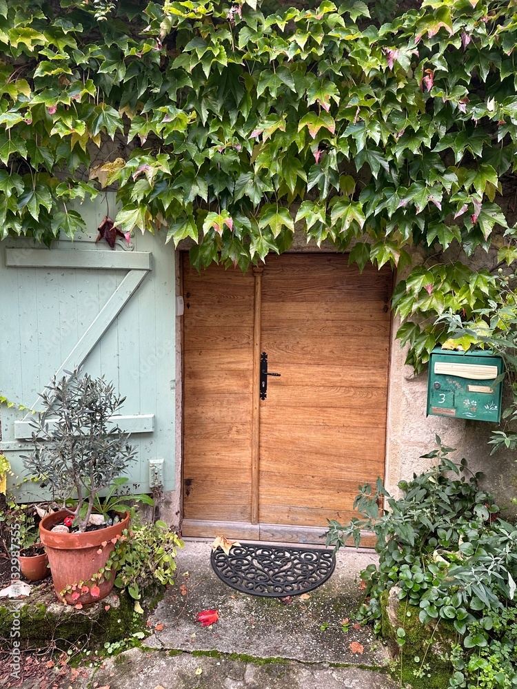Lierre sur une maison entourant la porte d'entrée