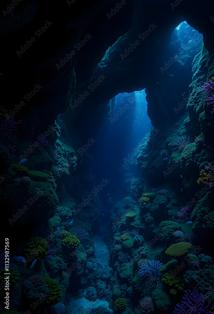 Obraz premium A captivating underwater scene of a deep blue cave with sunlight shining through, surrounded by colorful corals and marine life, revealing the wonders of the ocean