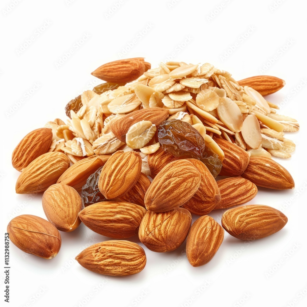 Fototapeta premium Rolled oats, almonds, and raisins combined on a white background, forming a nutritious and appealing blend